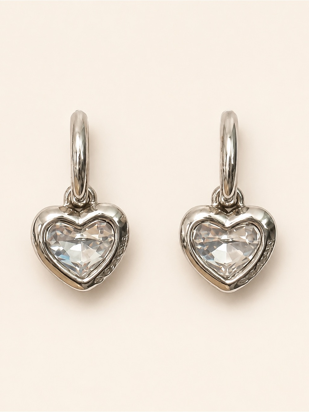 Coach Crystal Heart Huggie Hoop Earrings Silver Tone